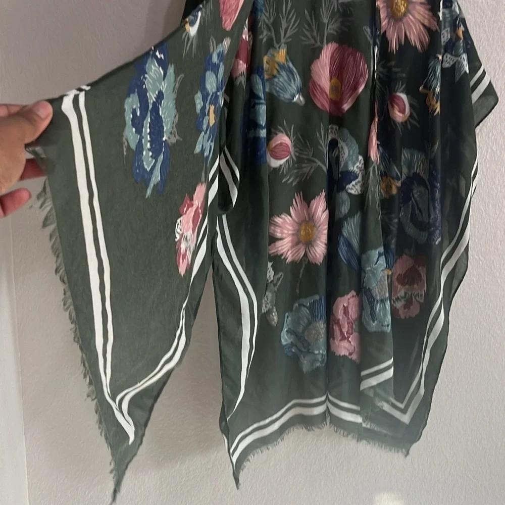 Woven Heart Womens Kimono Wrap Floral One Size Green Multi Color Fringe